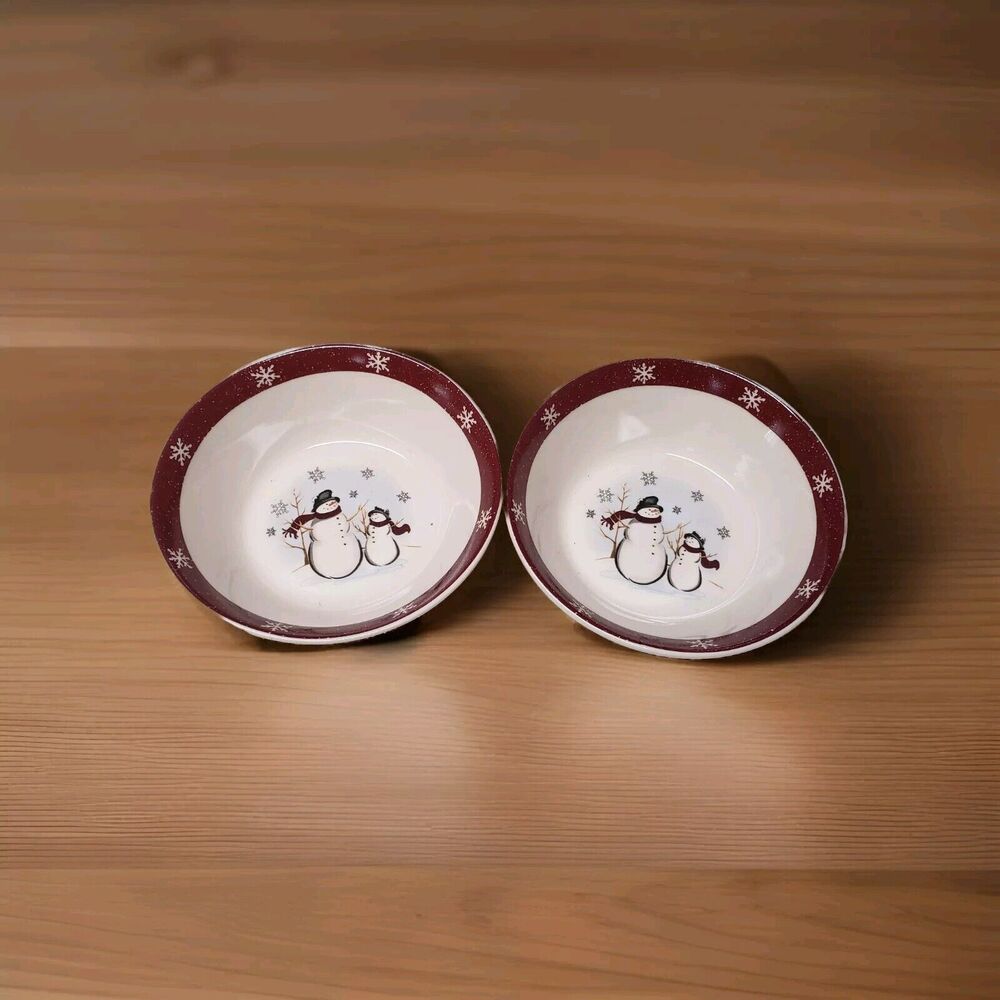 Royal Seasons Stoneware Snowman Cereal or Soup Bowls Set of 2 Red Christmas